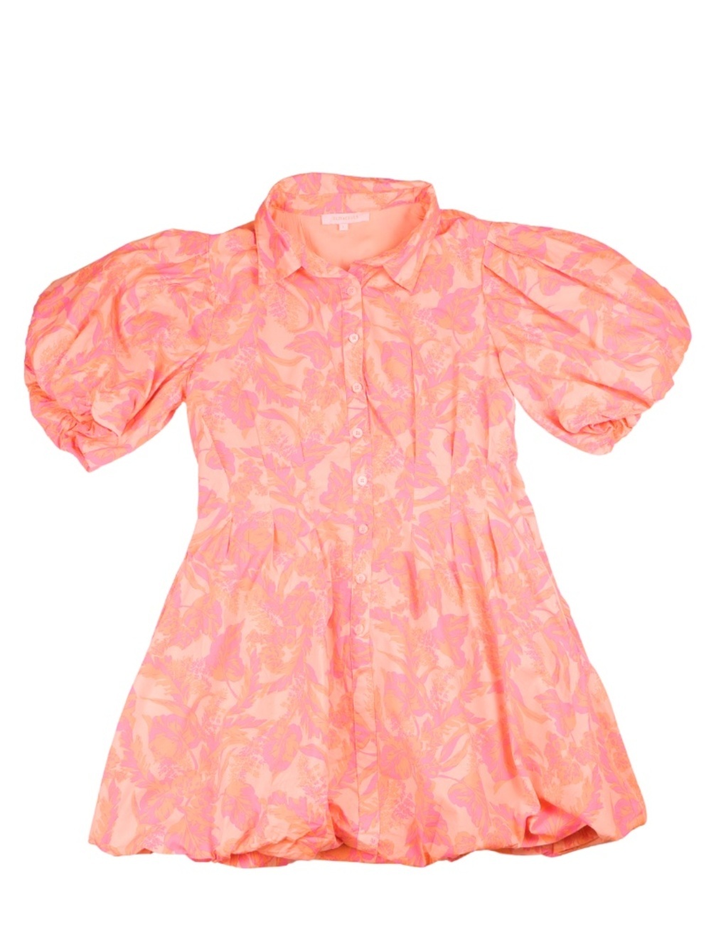 Olivaceous Neon Floral Puff Sleeve Dress Large Pockets